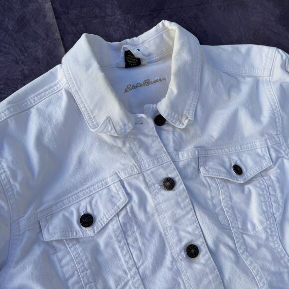 Women's Eddie Bauer White Button Up Denim Jean Trucker Casual Jacket Sz XL - Picture 6 of 6
